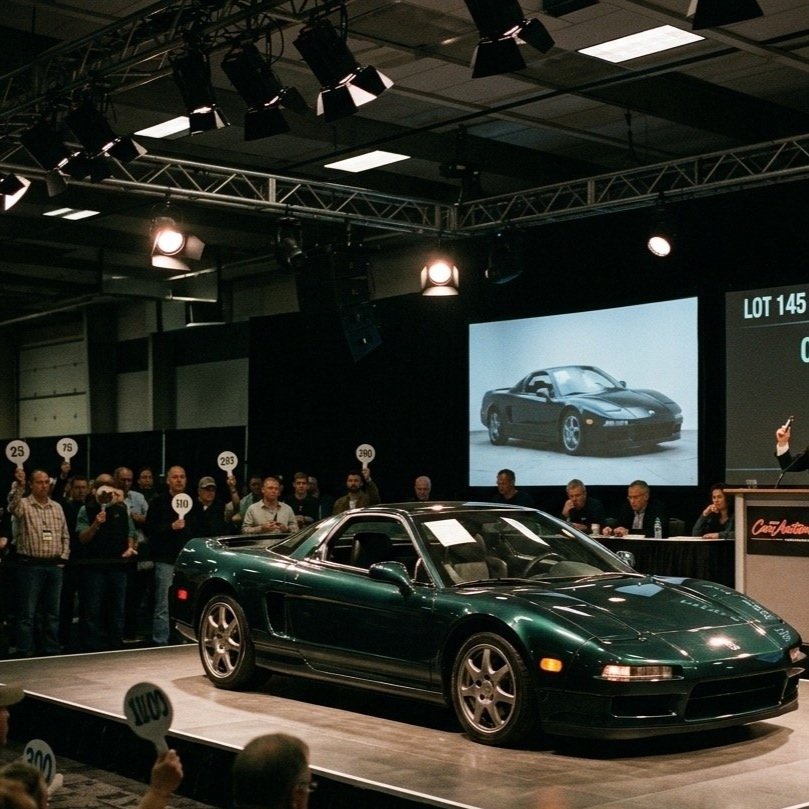 Dark green Honda NSX on a live vehicle auction floor — representative service imagery.