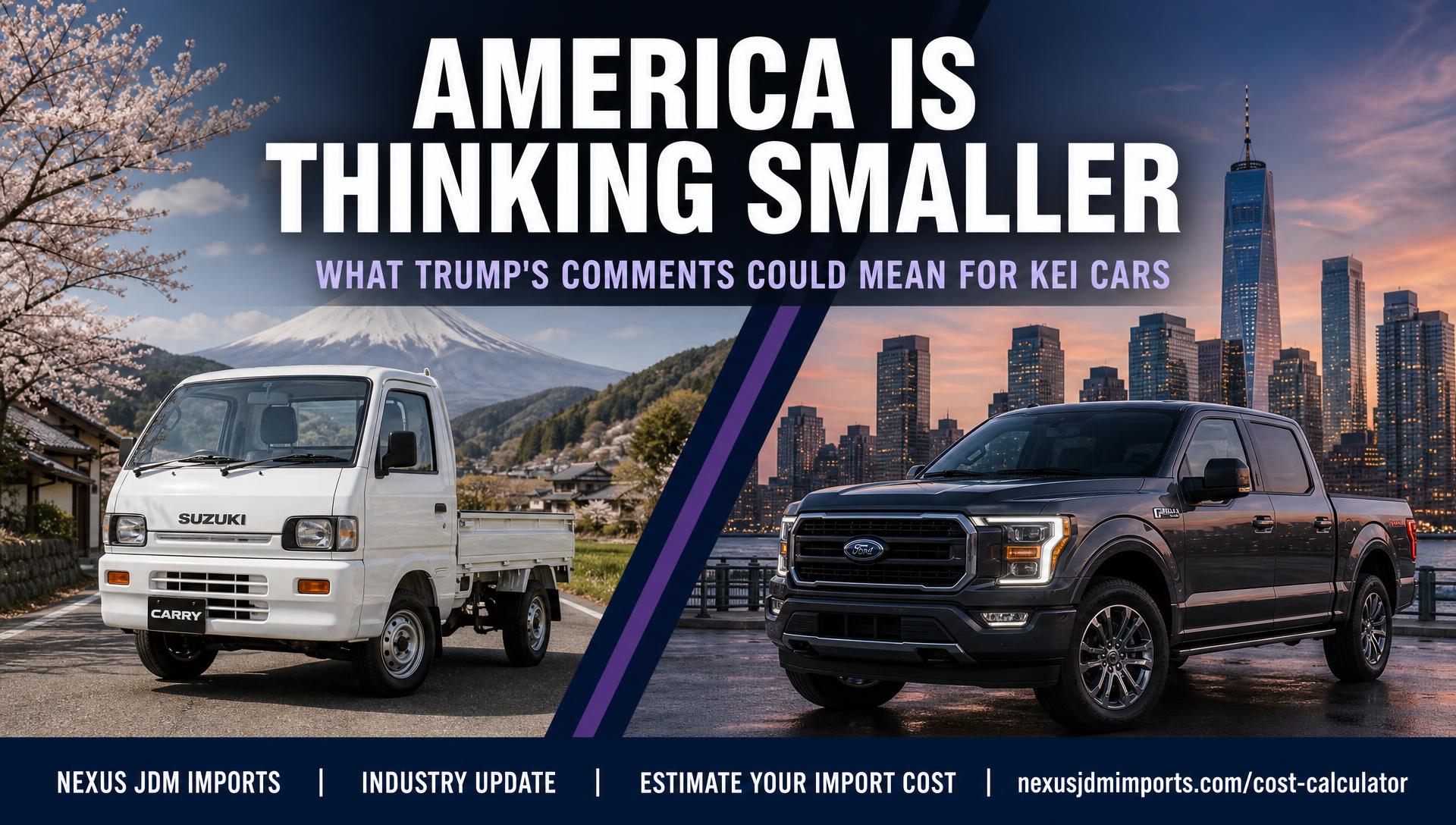 Japanese Kei truck shown beside a full-size American pickup to compare compact and traditional vehicle sizes.
