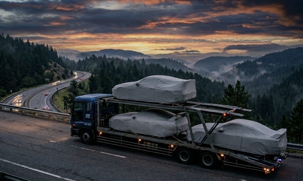 Open car carrier transporting covered vehicles on a mountain highway at sunset — representative service imagery.